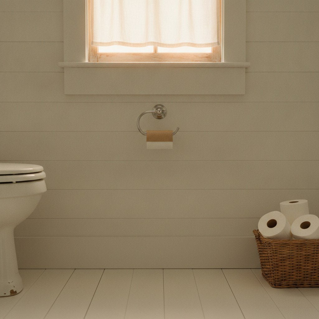 A sunlit farmhouse bathroom with an empty cardboard toilet paper tube still on the holder beside a window draped in sheer linen curtains — the classic bathroom joke every household knows.
