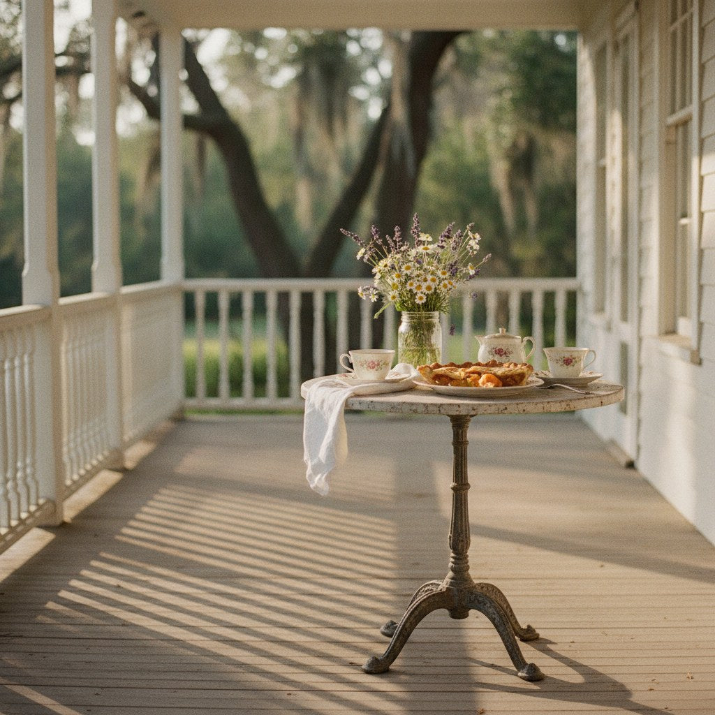 A sunlit Southern farmhouse porch table set with mismatched vintage china, wildflowers in a mason jar, and a half-eaten slice of peach pie — the kind of effortless scene that shows you can be classy without trying too hard.