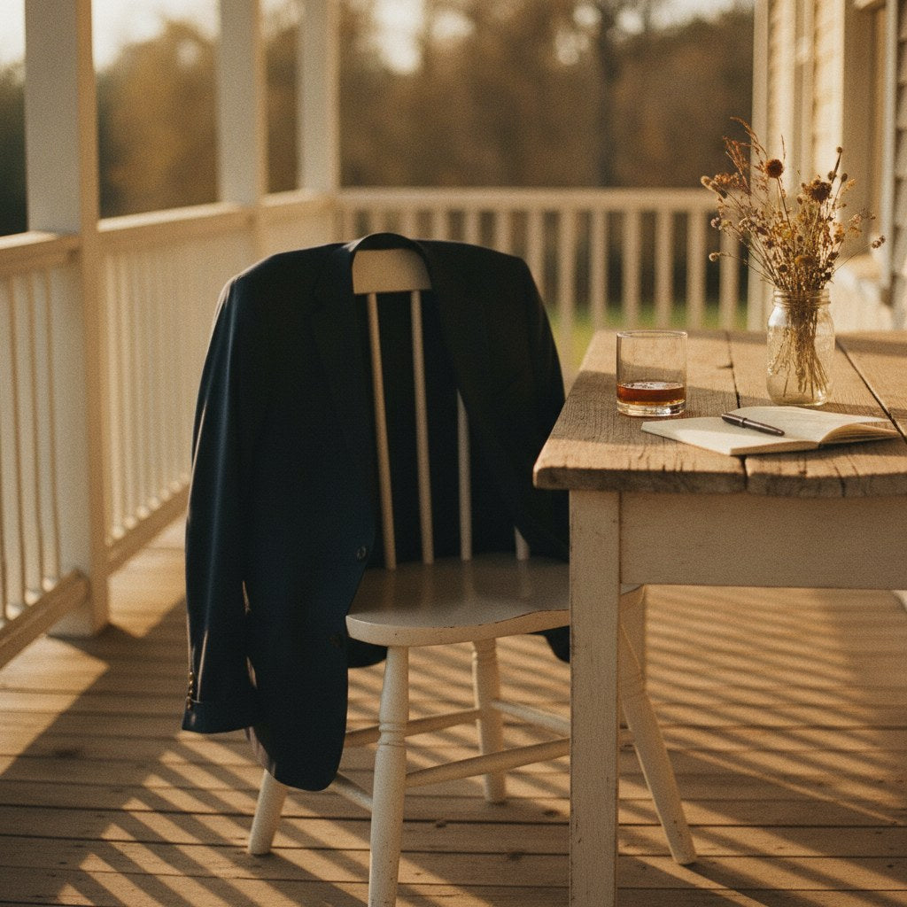 A worn wooden table on a Southern farmhouse porch holds a glass of bourbon and a folded notepad beside a groomsman's jacket, evoking the quiet preparation behind a heartfelt best man speech.