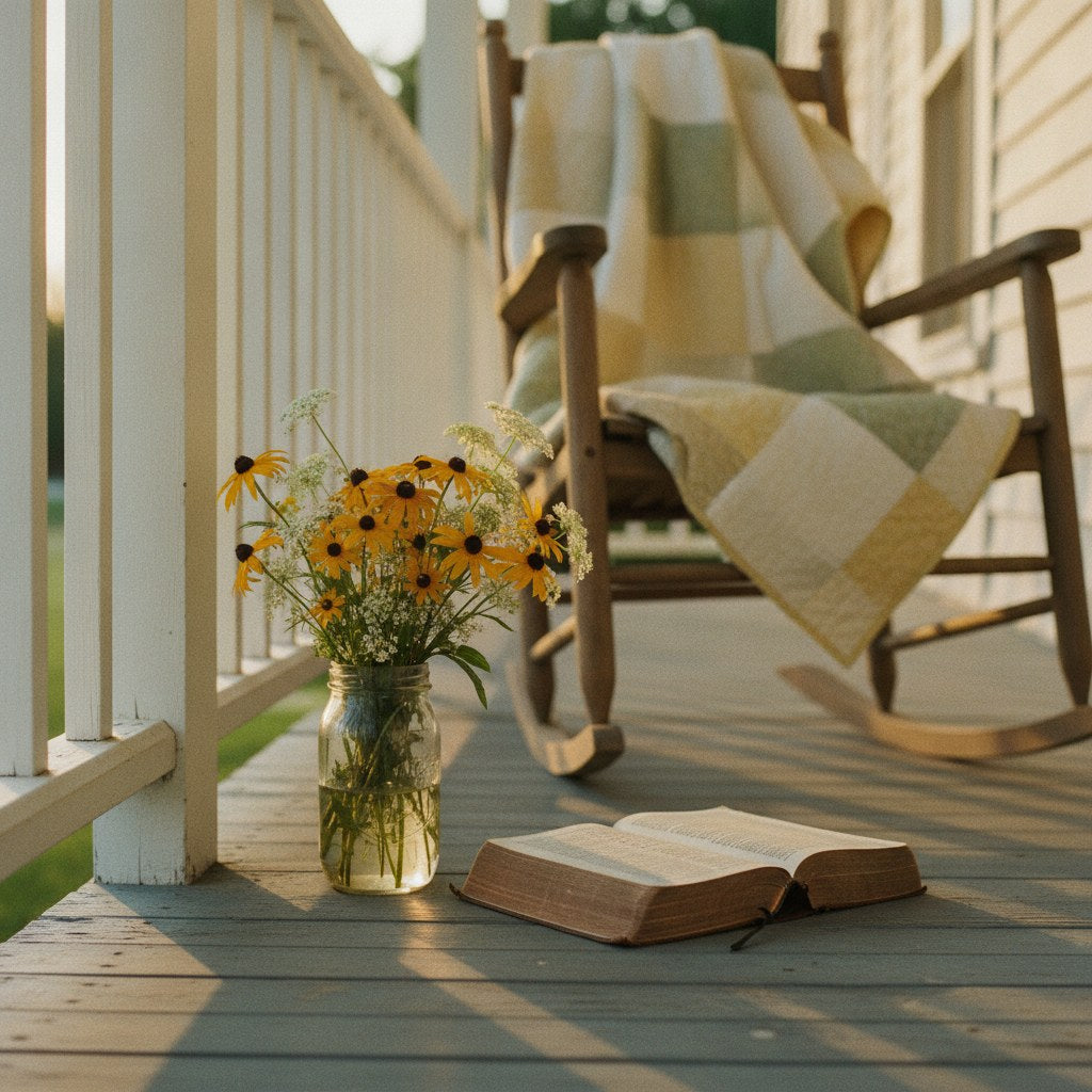 A worn leather Bible rests open on a sunlit farmhouse porch railing beside a mason jar of wildflowers, evoking the quiet practice of choosing meaningful bible verses for everyday life.