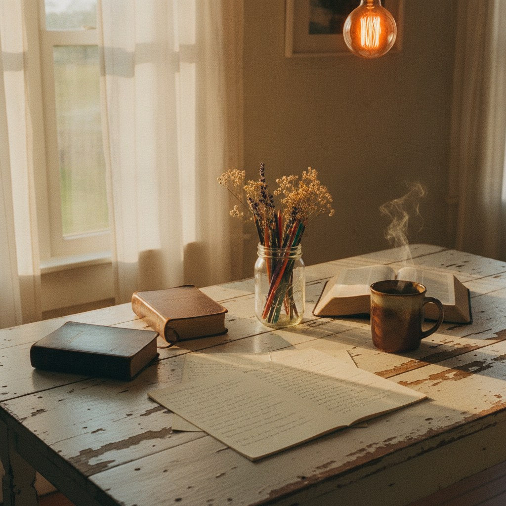 Worn farmhouse table scattered with open Bibles and handwritten notes where a church group has been gathering to choose biblical verses for their mission trip shirts.