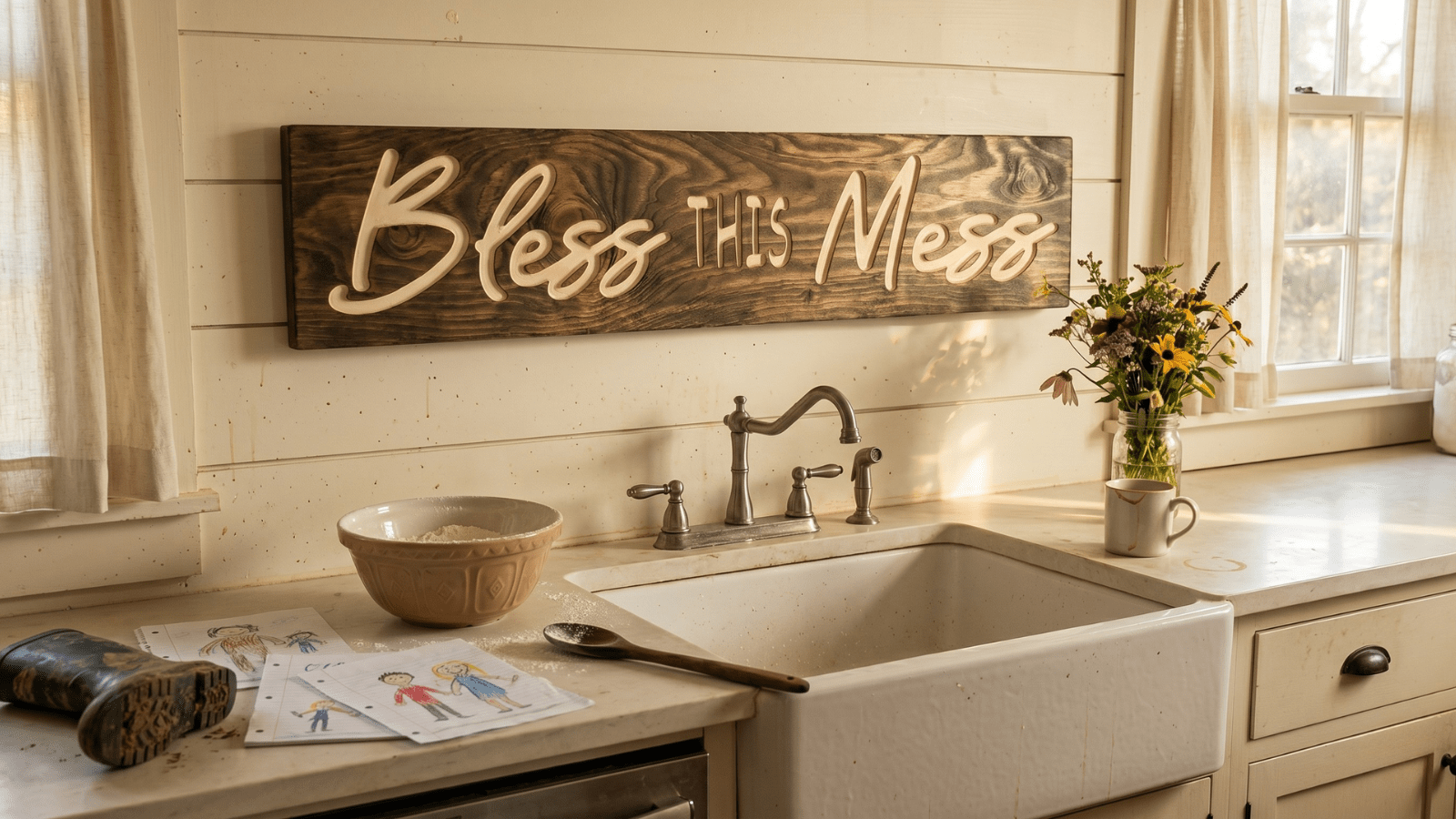Rustic wooden Bless This Mess sign hung above a farmhouse sink on cream shiplap, surrounded by wildflowers in a mason jar, crayon drawings on the counter, and a child's rain boot on the kitchen floor in warm afternoon light