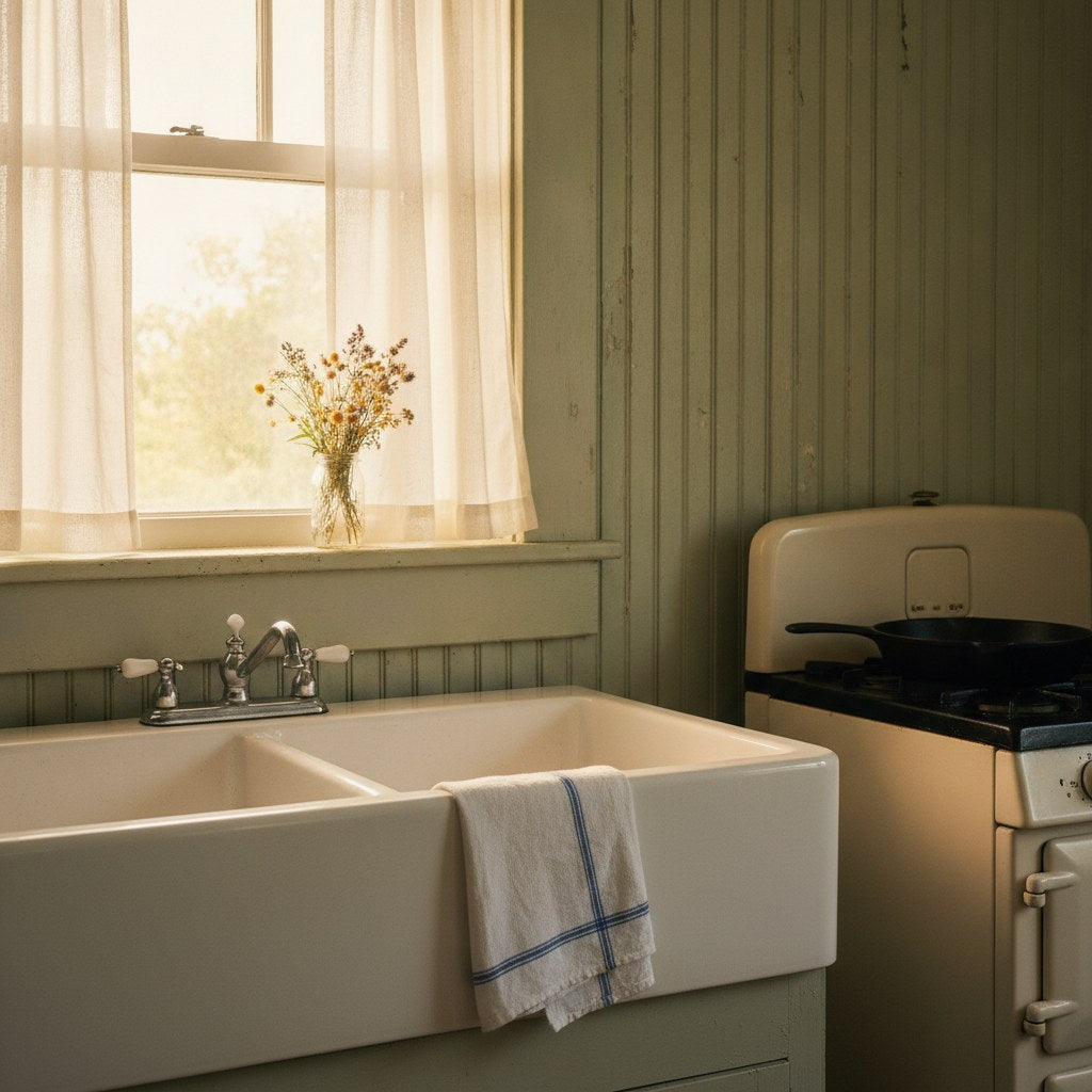 A worn farmhouse kitchen sink bathed in golden morning light, evoking the quiet dignity of what blessed mean to generations of Southern women who worked and prayed in the same breath.