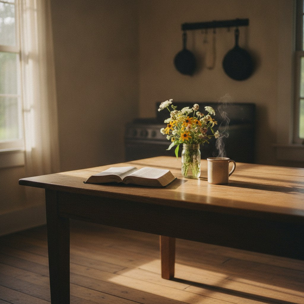 A worn farmhouse kitchen table bathed in golden morning light, open Bible beside a steaming mug and wildflowers, evoking the quiet depth of blessings meaning beyond everyday gratitude.