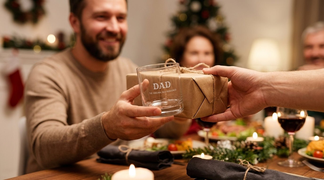 A person handing a kraft-wrapped gift across a holiday dinner table to a smiling man whose face is softly blurred — personalized engraved whiskey glass