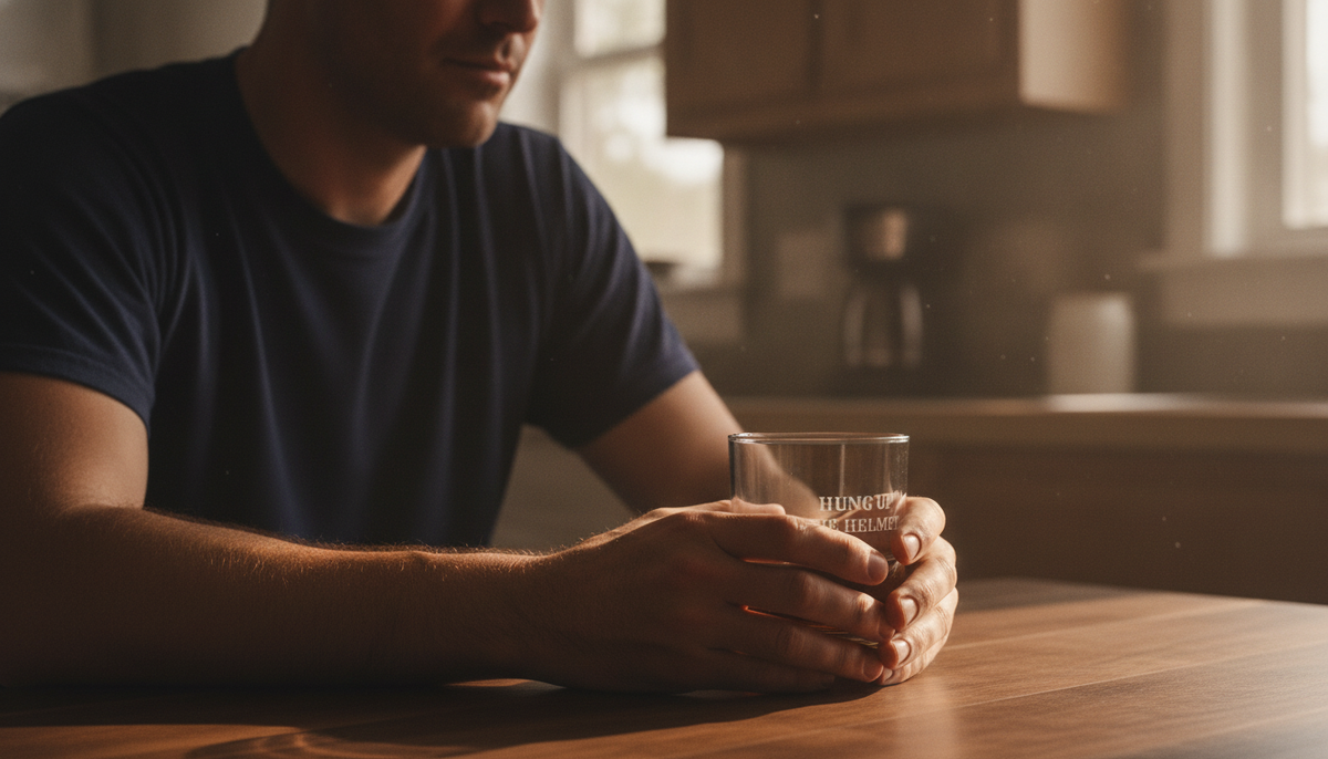 A firefighter in a plain navy station tee at his kitchen table after a night shift — personalized engraved whiskey glass