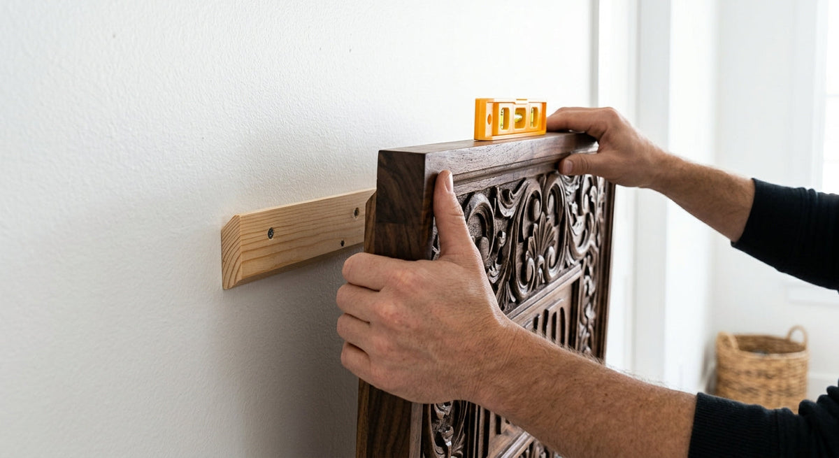 Hands lowering a carved wood sign onto a french cleat, how to hang a heavy wood sign level on a wall