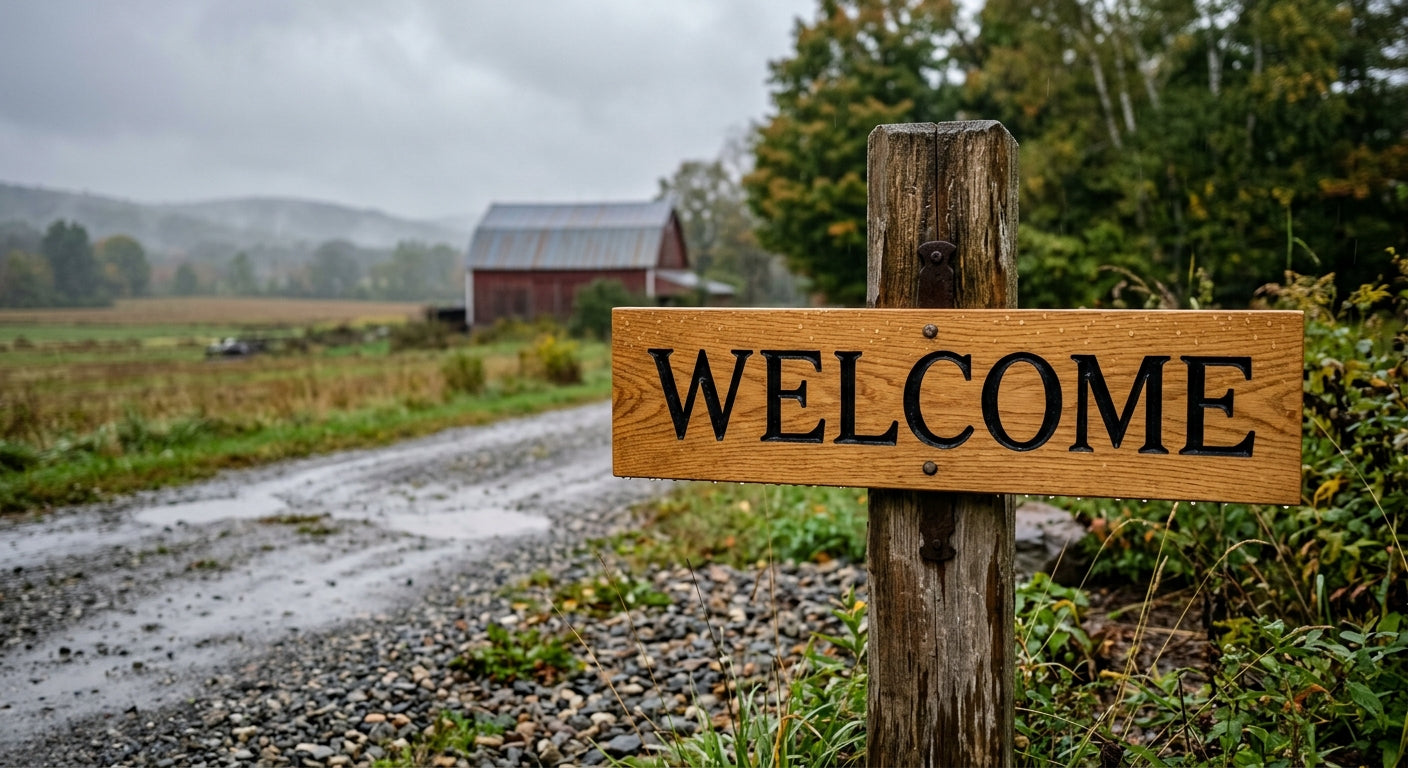Carved oak welcome sign on a garden post in the rain, the best wood for outdoor signs fully exposed to weather
