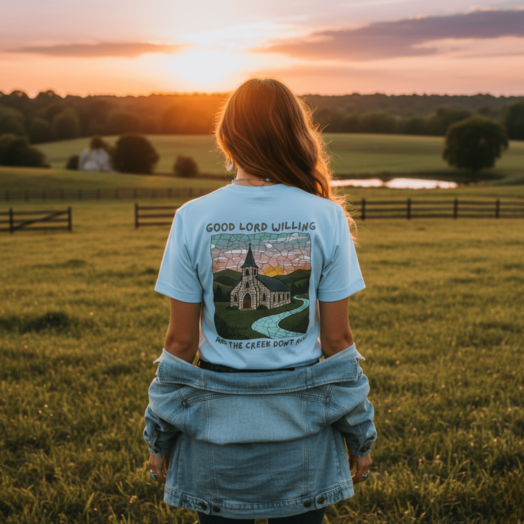 Back view of the 'Good Lord Willing and the Creek Don't Rise' t-shirt against a Kentucky sunset.