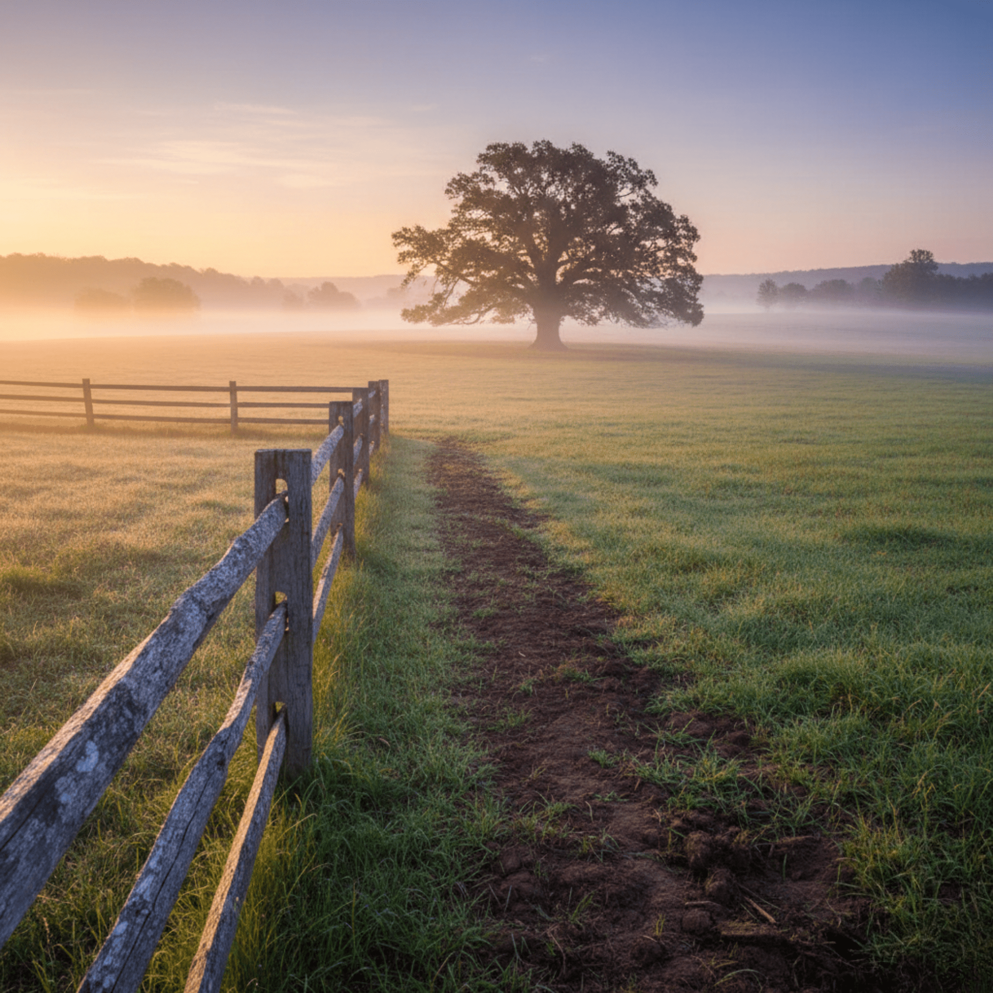 Cinematic wide-angle view of a misty Kentucky pasture at sunrise with a split-rail fence leading to a lone oak tree.