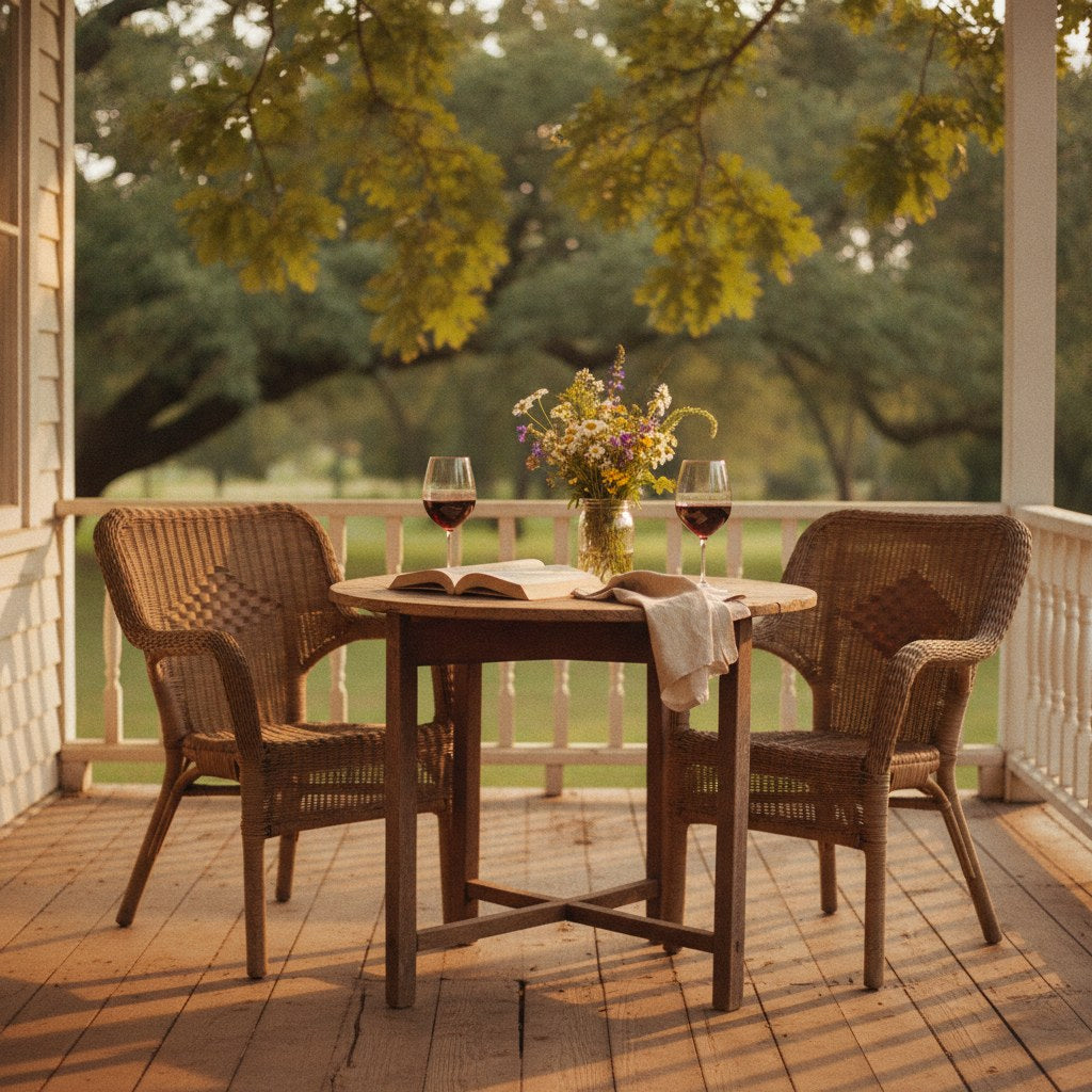 A cozy Southern porch gathering scene with wine glasses and open books arranged on a weathered wooden table at golden hour.