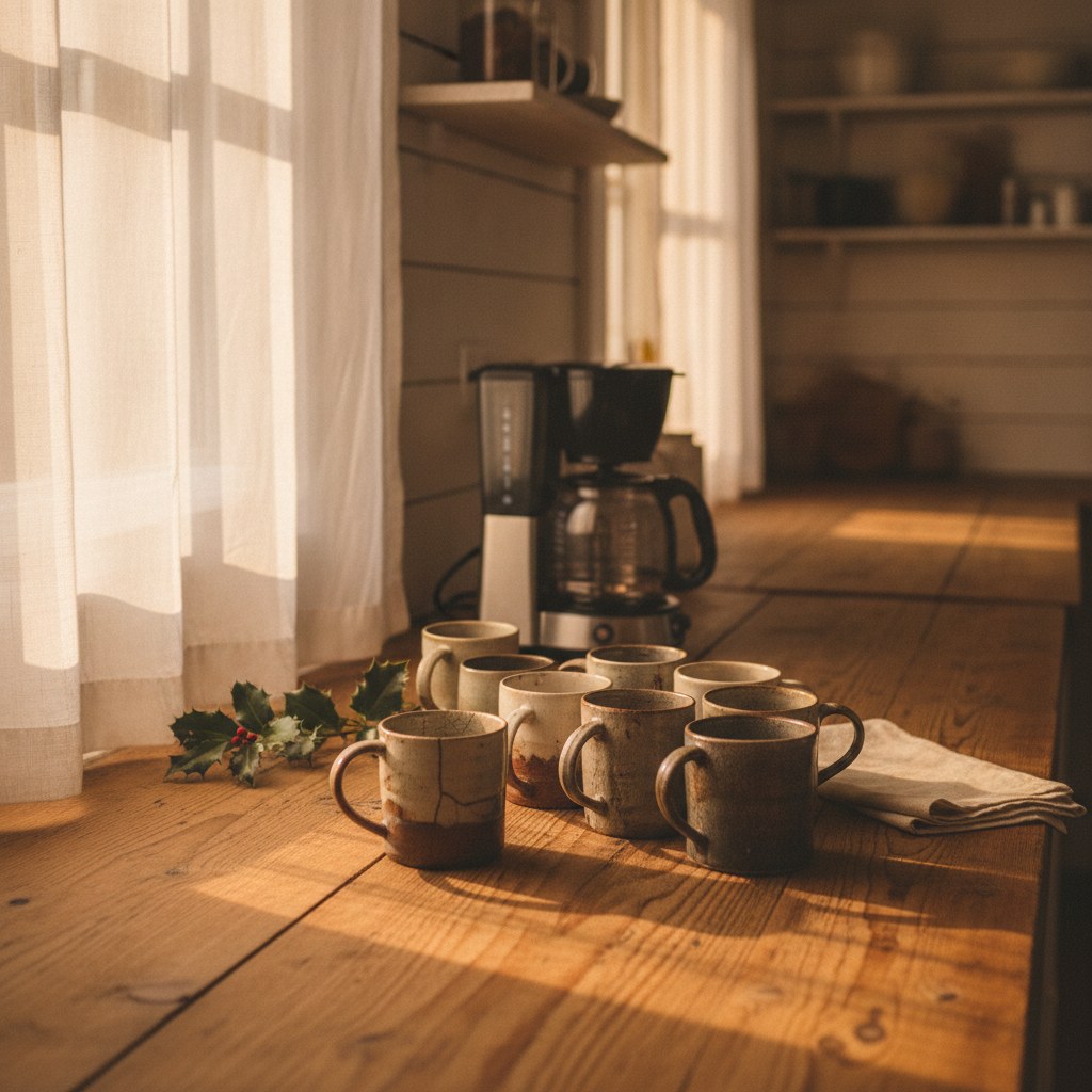 A warm farmhouse break room scene evoking the lighthearted tension of choosing a boss day quote gift, with mismatched mugs and a coffee station on a worn wood counter.