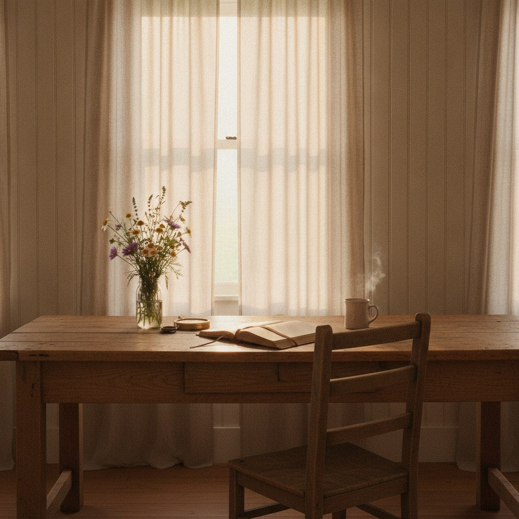 A worn farmhouse worktable bathed in golden morning light, evoking the quiet difference between a boss vs leader in the way a space can feel either cold or welcoming.