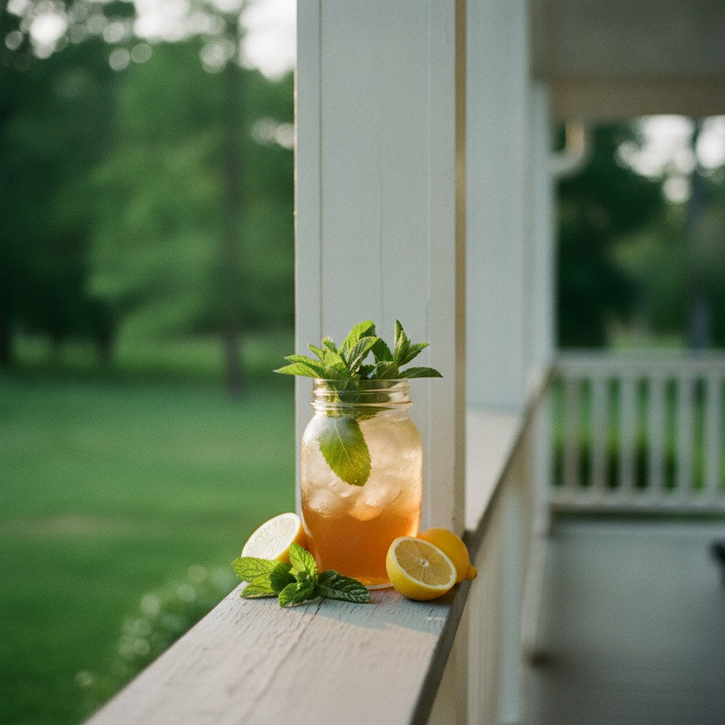 A bourbon smash cocktail in a sweating Mason jar sits on a worn farmhouse porch railing at golden hour, surrounded by fresh mint sprigs and halved lemons.