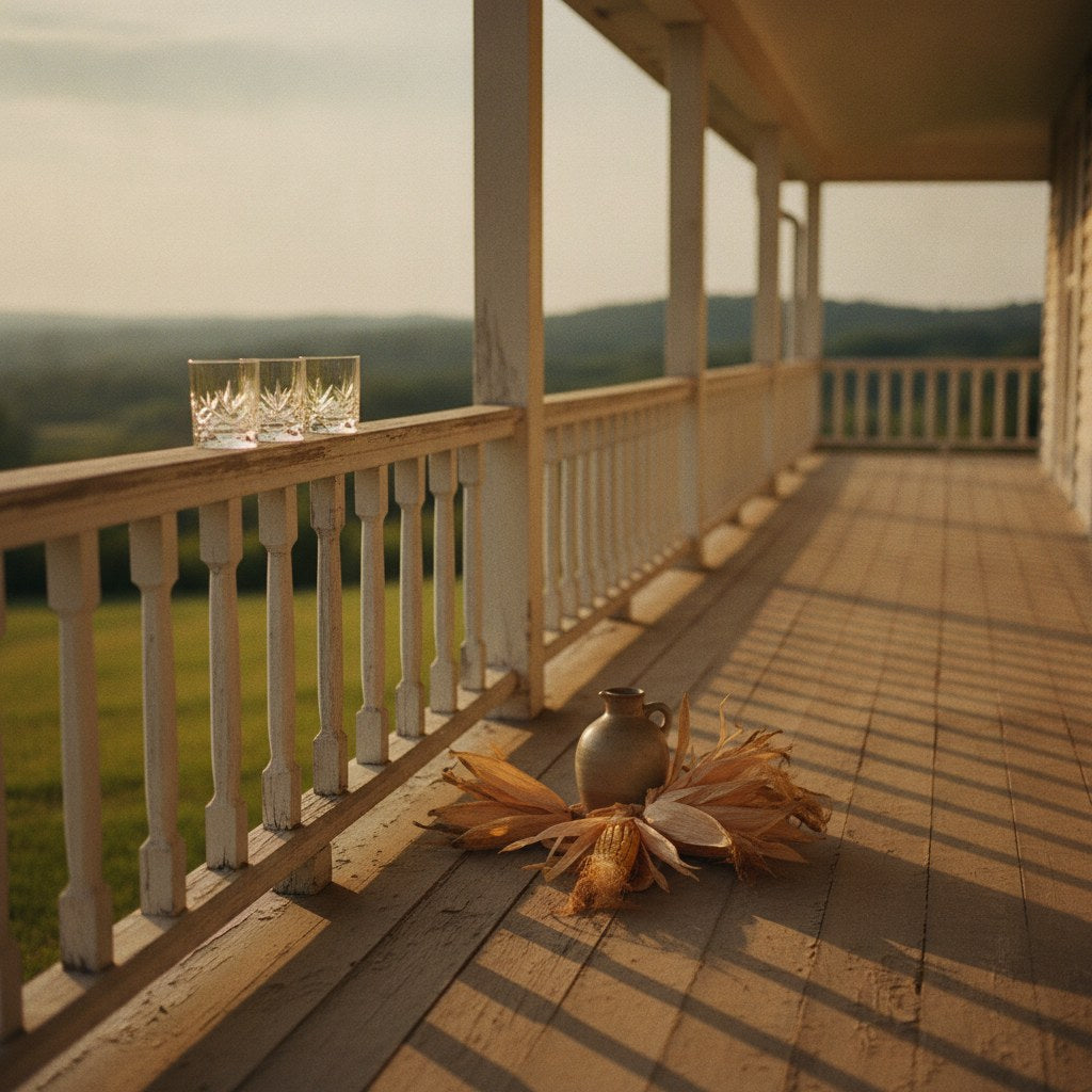 A weathered Kentucky farmhouse porch at golden hour with two empty glass tumblers resting on a worn wooden railing beside a small clay jug, evoking the timeless bourbon versus whiskey debate rooted in Southern tradition.