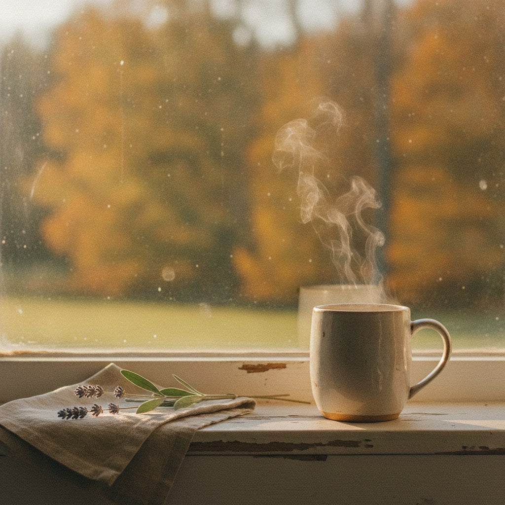 A steaming mug of coffee rests on a worn farmhouse windowsill in early morning golden light, capturing the quiet tension of wondering whether caffeine cause anxiety in your daily routine.