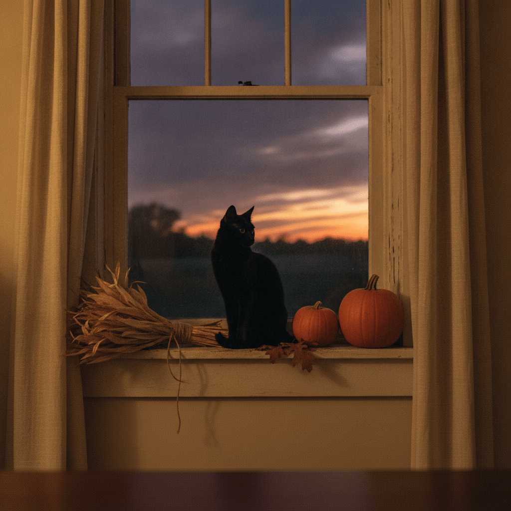 A black cat sits silhouetted in a farmhouse window surrounded by October pumpkins and dried corn husks at dusk.