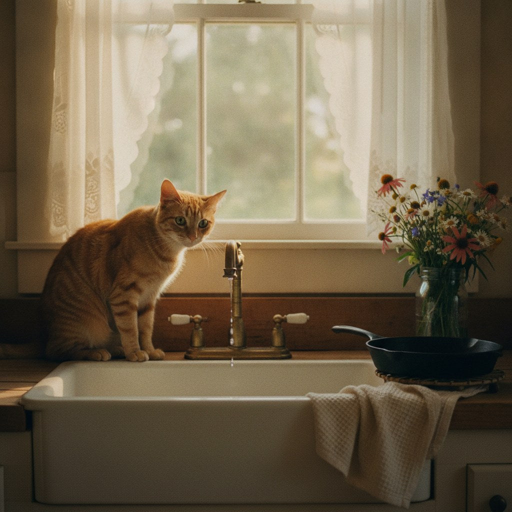 A tabby cat perched on the edge of a farmhouse kitchen sink, eyeing a dripping faucet with suspicion — a perfect illustration of why cats hate water.