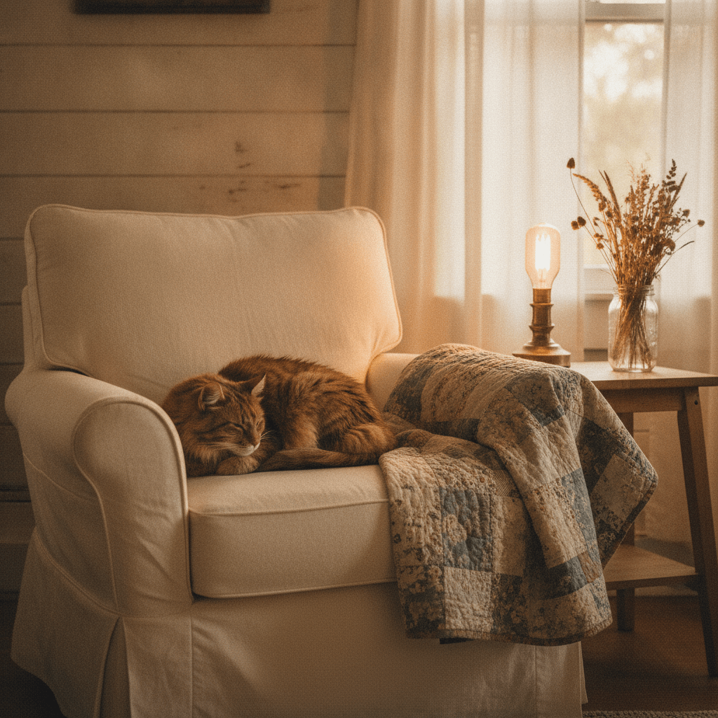 A tabby cat curled on the worn cushion of a farmhouse armchair beside a sunlit window, the kind of scene only a true cats person would recognize as perfectly normal.
