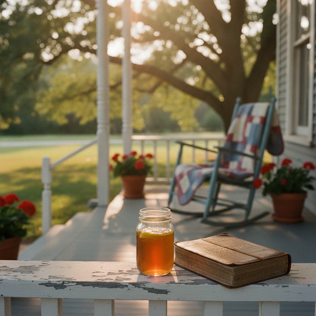 A sun-warmed Southern farmhouse porch at golden hour with a worn rocking chair, open Bible, and a mason jar of sweet tea sitting on a weathered wood rail.