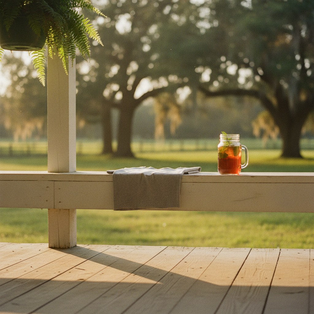A folded christian t shirt rests on a weathered porch railing beside a mason jar of sweet tea in warm golden morning light.
