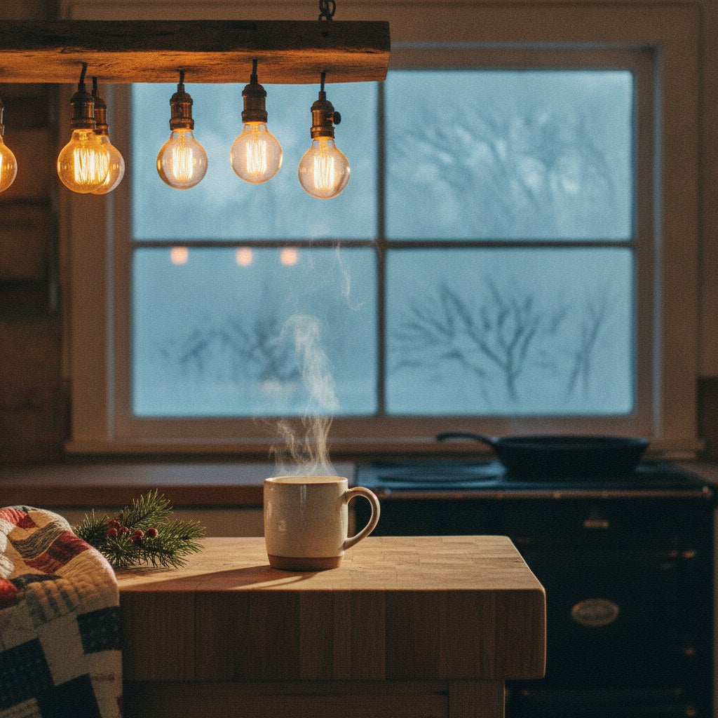 A quiet farmhouse kitchen glowing with golden Christmas morning light, a steaming mug resting on a worn wooden counter beside a frost-edged window.
