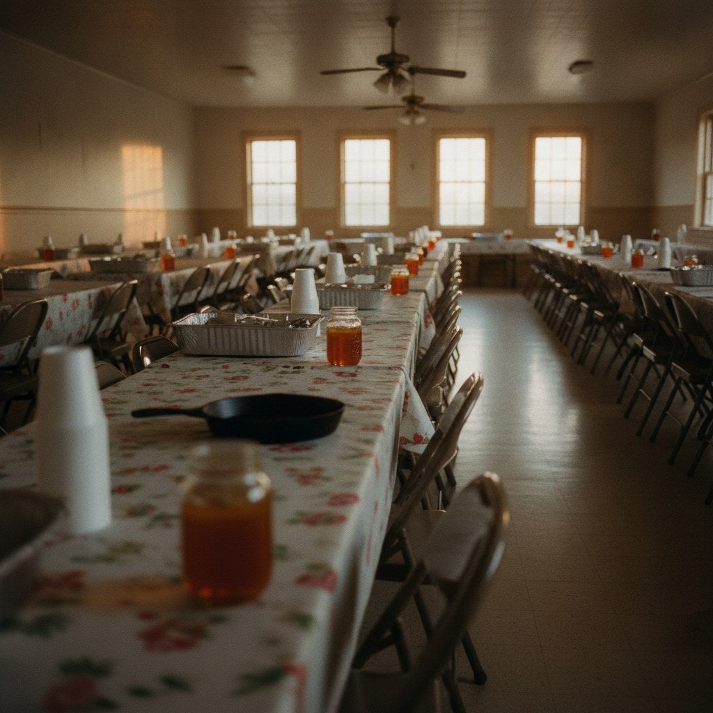 A sunlit Southern Baptist church near me fellowship hall with long folding tables draped in mismatched tablecloths, roaster pans, and mason jars catching afternoon light through tall windows.