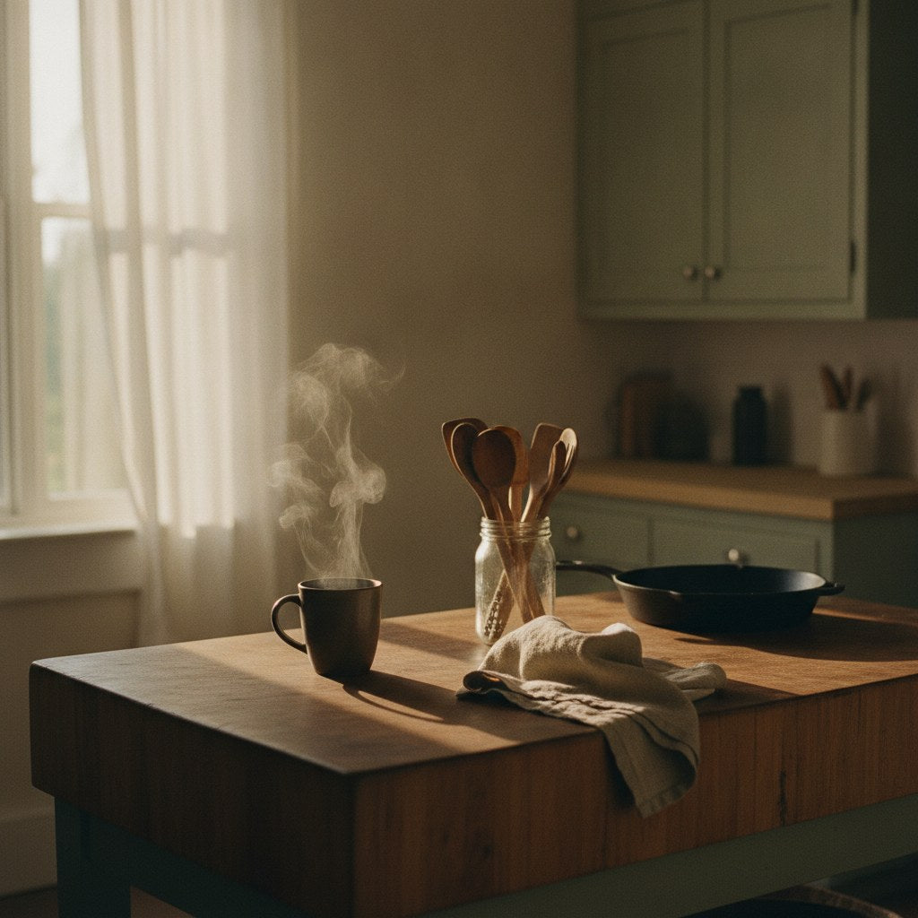 A farmhouse kitchen counter bathed in early morning golden light, with a steaming ceramic mug resting on worn wood beside a cast iron skillet, capturing the quiet anticipation of coffee mug humor before the first sip.