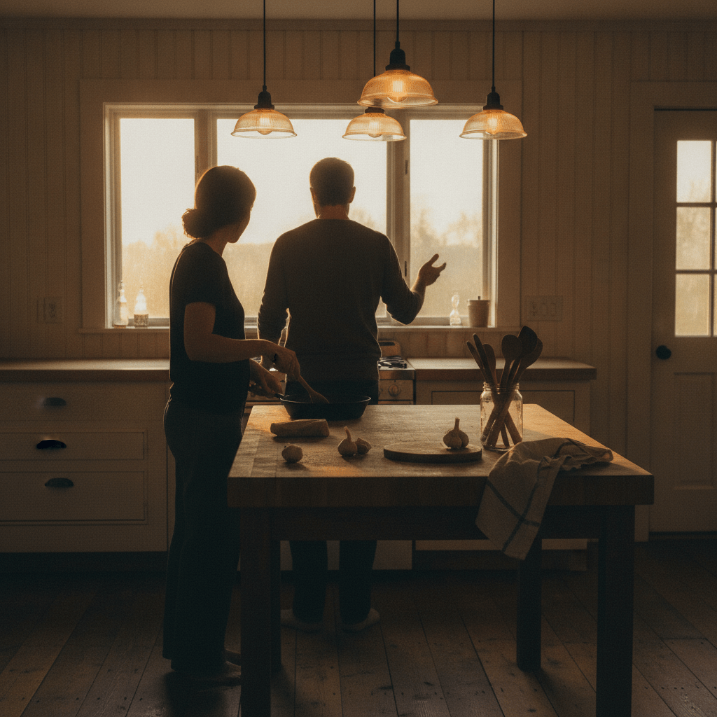 A couple cooking together in a warm farmhouse kitchen, their silhouettes close at a weathered wooden island bathed in golden evening light.