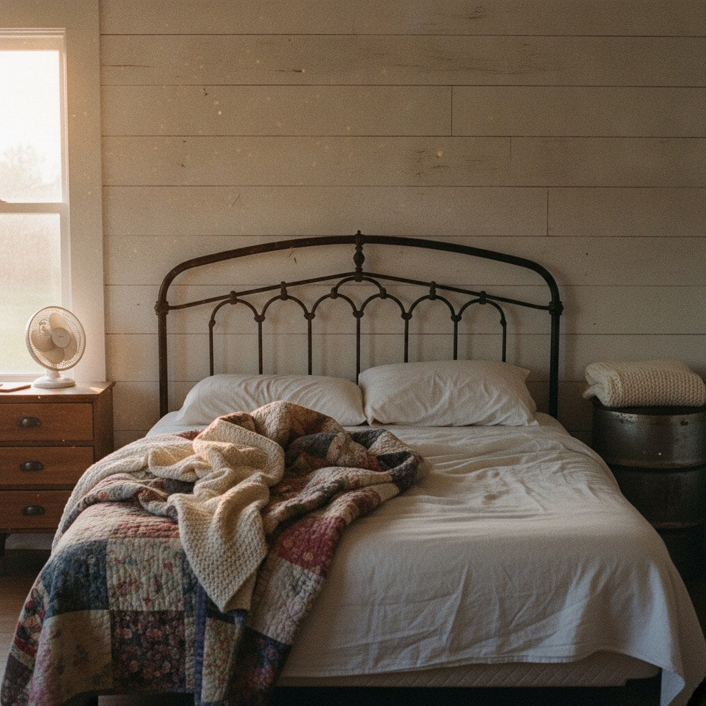 A rumpled farmhouse bed at golden hour showing two distinct sides — one with a thick quilt piled high, one with a single thin sheet kicked aside — the kind of scene that captures exactly what couples argue about every night.