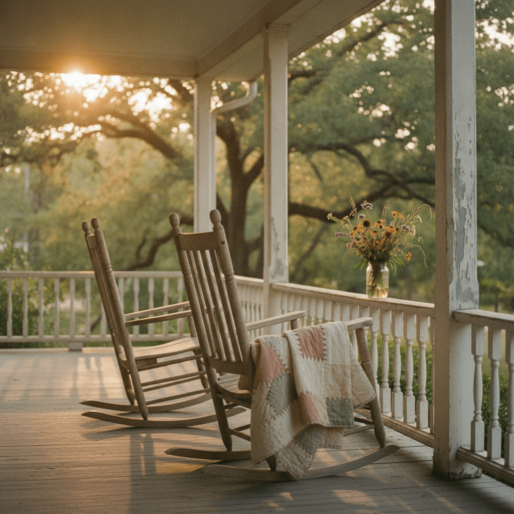 A weathered farmhouse porch at golden hour with two empty rocking chairs side by side, a worn quilt draped over one arm, evoking the 'til death us part' promise of lifelong companionship.