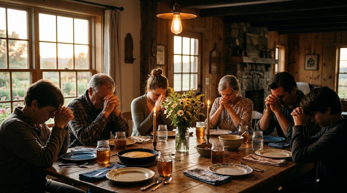 A multigenerational Southern family bows their heads in a dinner prayer around a long farmhouse table glowing with candlelight.