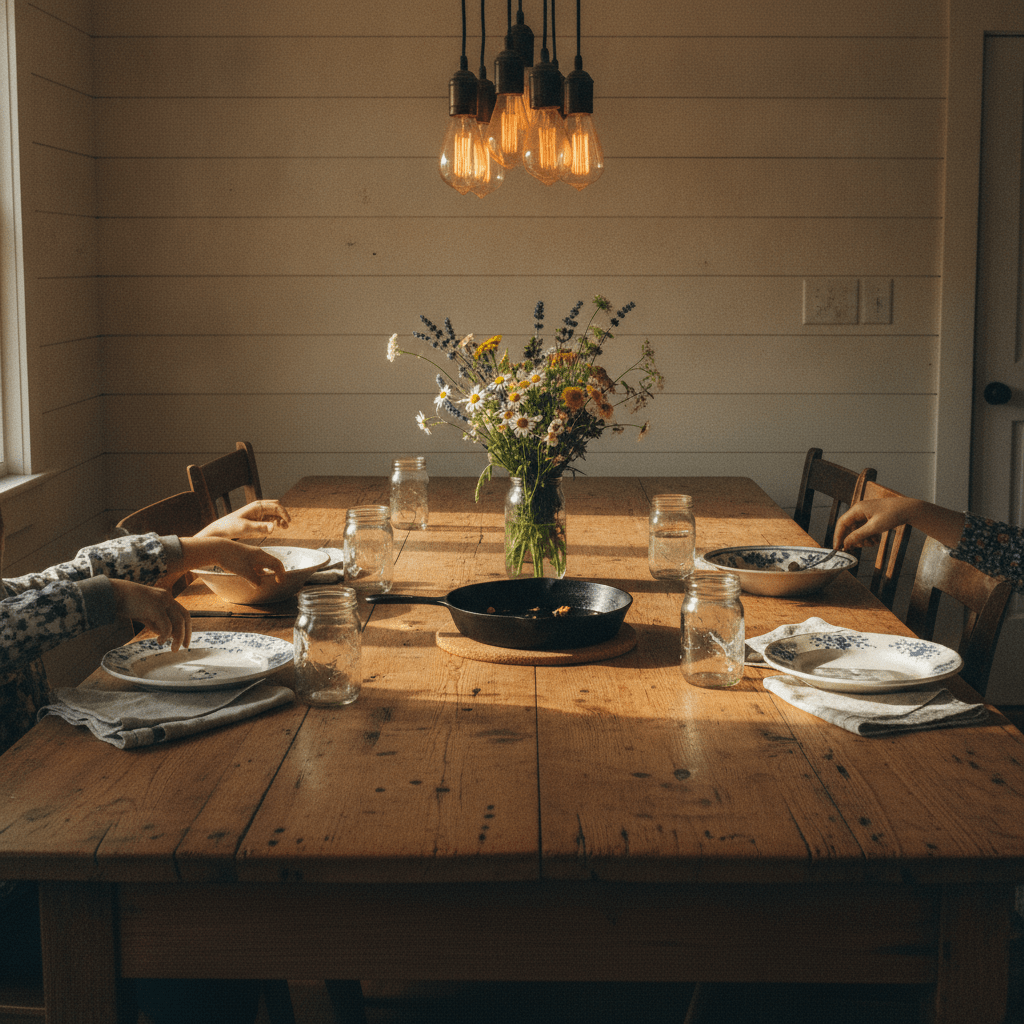 A worn farmhouse dinner table set for a family meal in the golden light of a Southern kitchen evening.