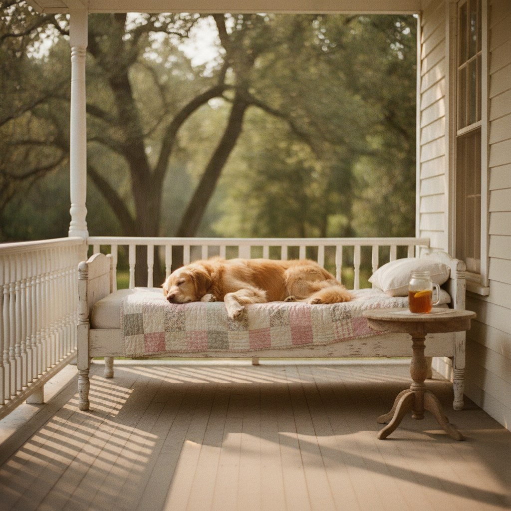 A large golden retriever sleeps deeply on a worn quilt draped over a farmhouse porch daybed in soft morning light.