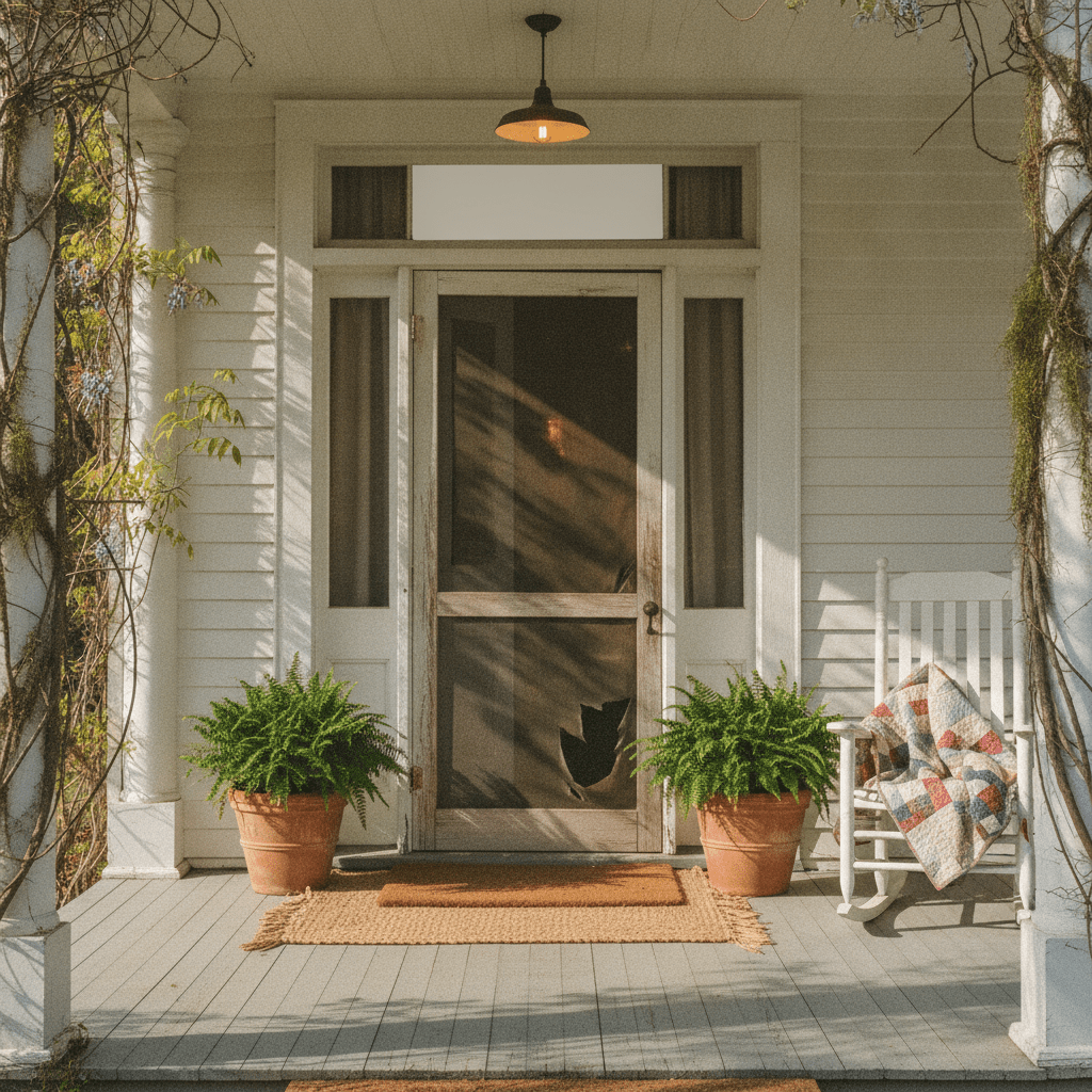 A weathered Southern farmhouse front porch at golden hour where a door welcome sign would hang, framed by a wooden screen door, potted ferns, and a worn welcome mat.