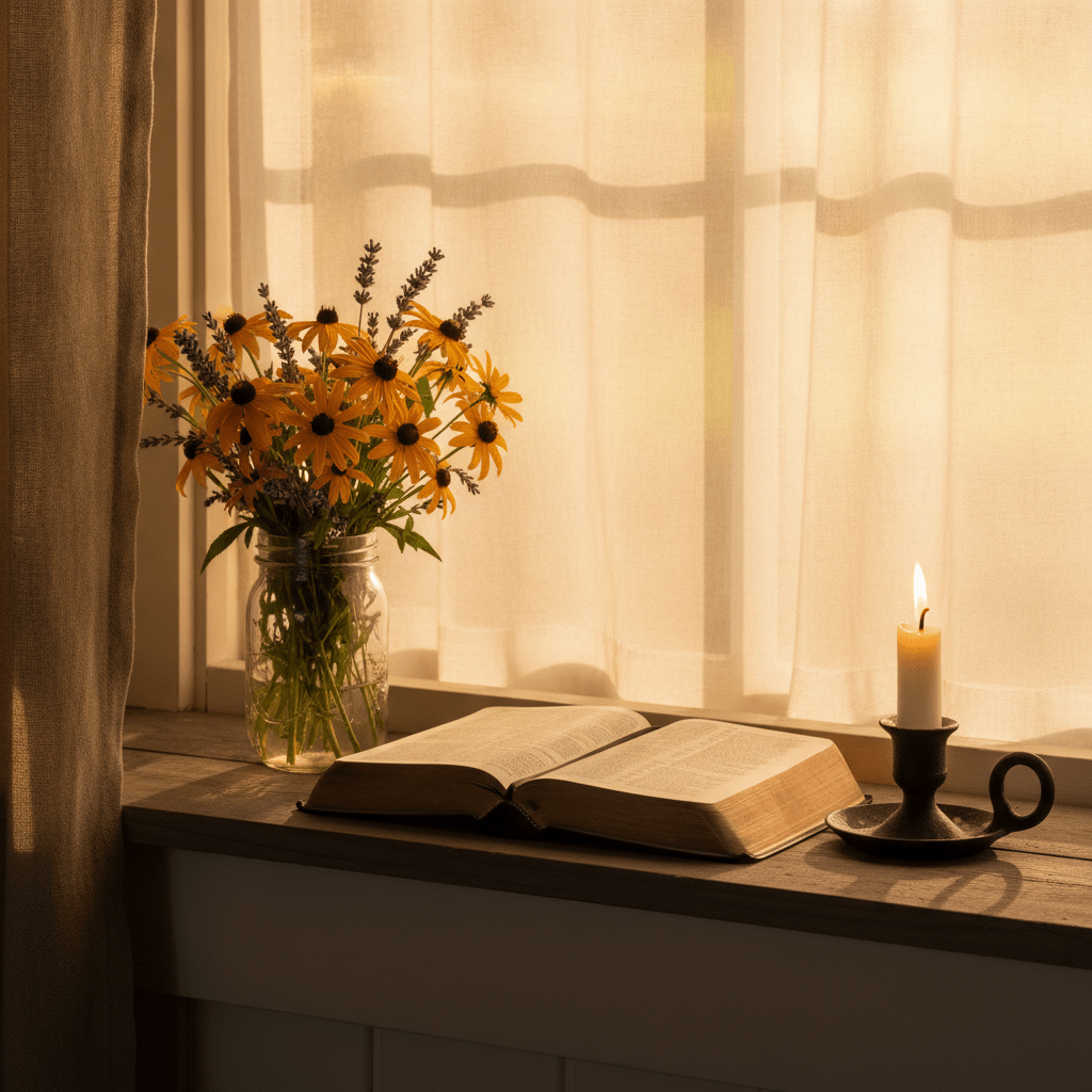 A sun-warmed farmhouse kitchen windowsill with an open leather-bound Bible, a mason jar of wildflowers, and morning light spilling across worn pine boards.