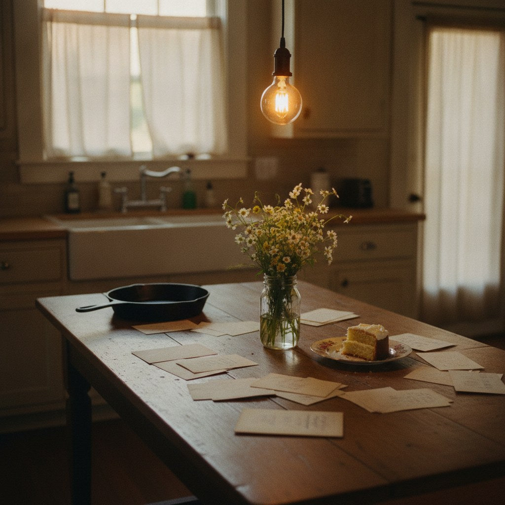 A sun-warmed farmhouse kitchen table scattered with old birthday cards, a cast iron skillet, and mason jars that carry the quiet history of a family name passed down through generations.