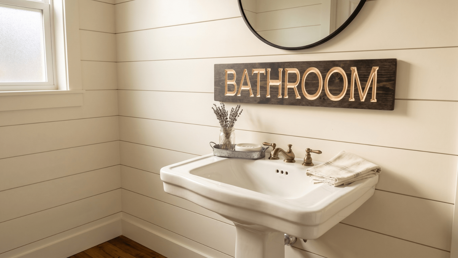 Farmhouse powder room with a carved wooden BATHROOM sign hung above a white pedestal sink on cream shiplap walls, styled with dried lavender in a mason jar, a striped linen hand towel, and warm morning light