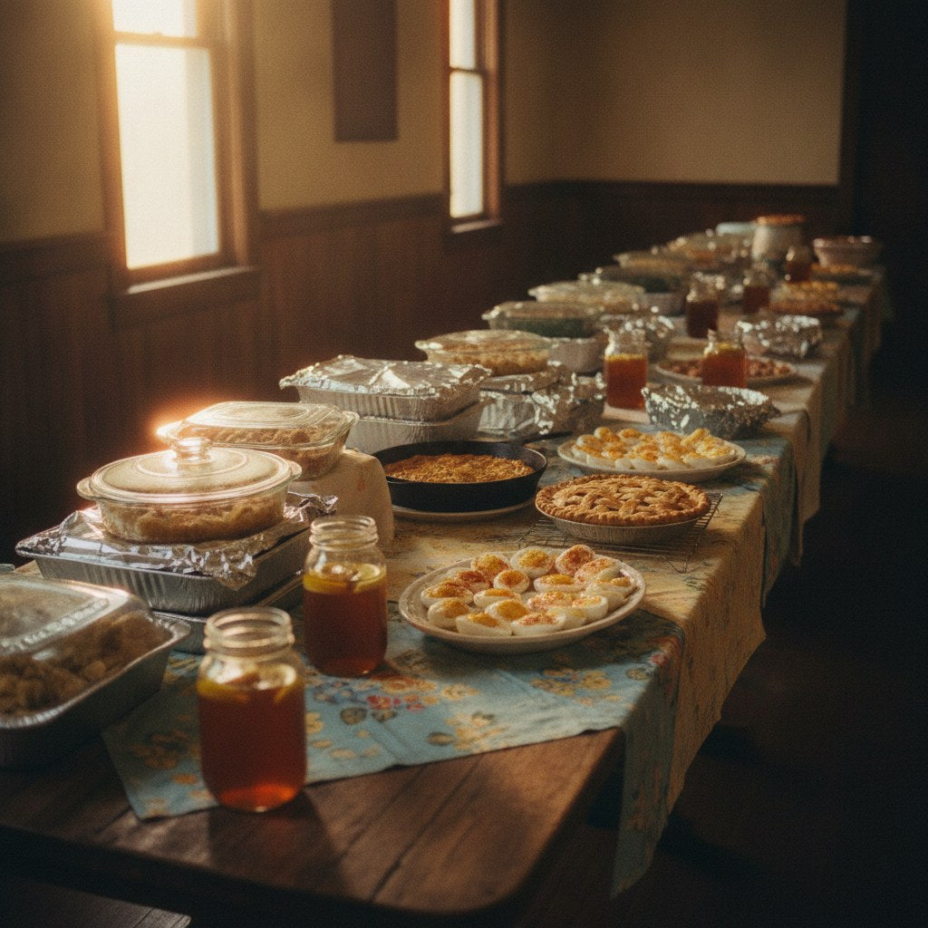 A long fellowship church potluck table overflowing with covered casserole dishes, mason jars, and homemade pies in a warmly lit rural hall.