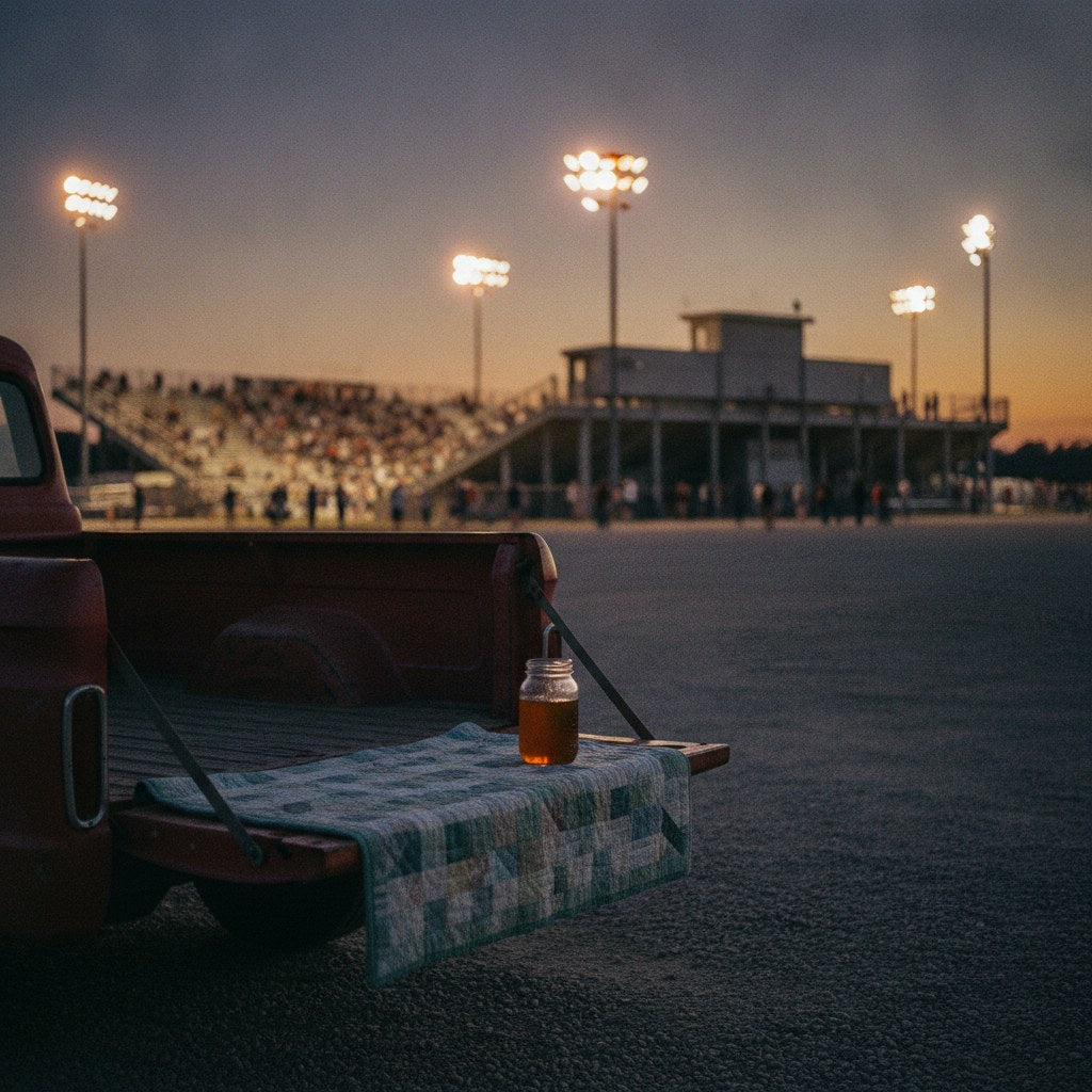 A small-town football stadium glowing under friday night lights as seen from the gravel parking lot at dusk, warm amber light spilling over weathered wooden bleachers.