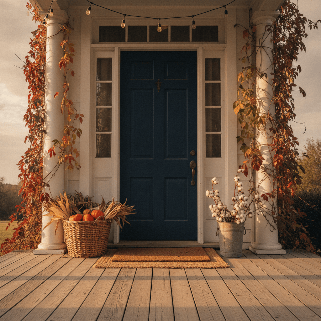 A welcoming Southern farmhouse front door framed by fall foliage and a wide covered porch in warm autumn light.