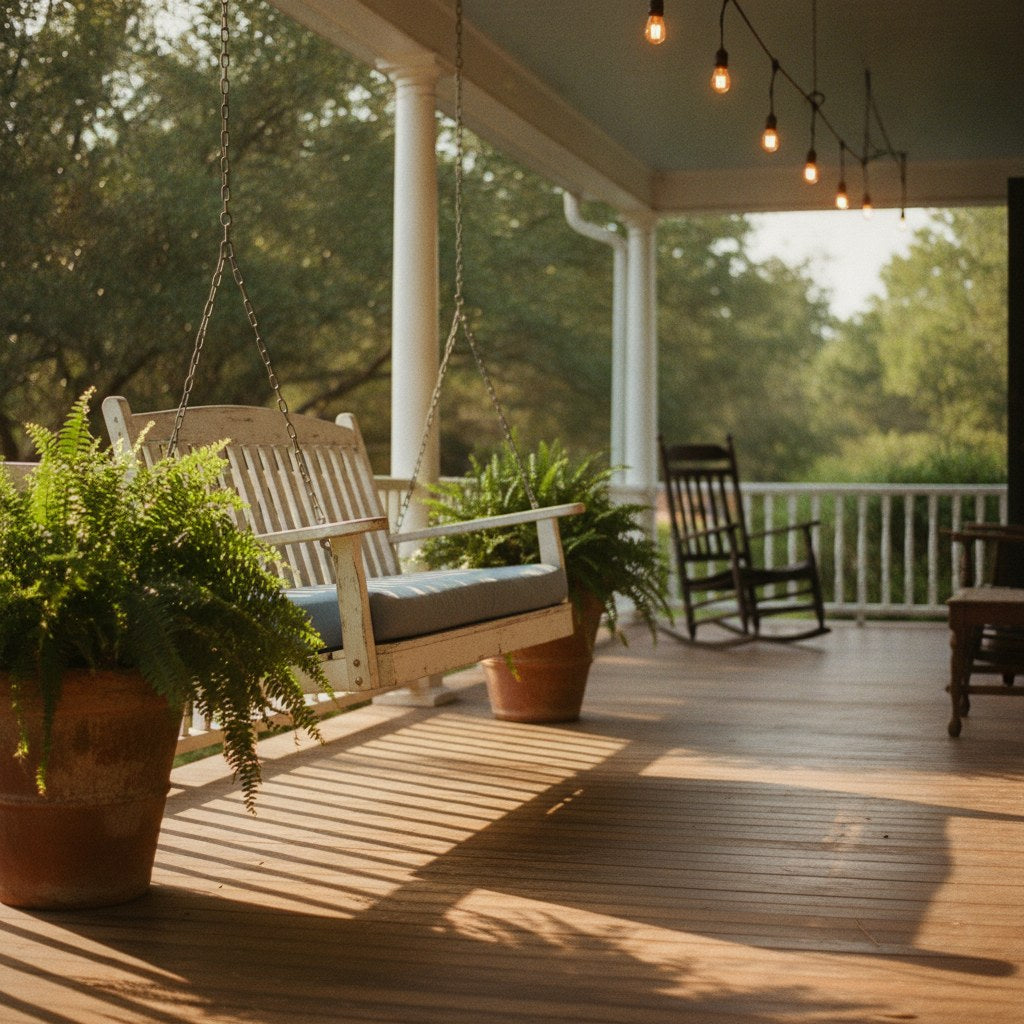 A warm Southern front porch design featuring a weathered wood swing, potted ferns, and golden afternoon light spilling across painted white floorboards.