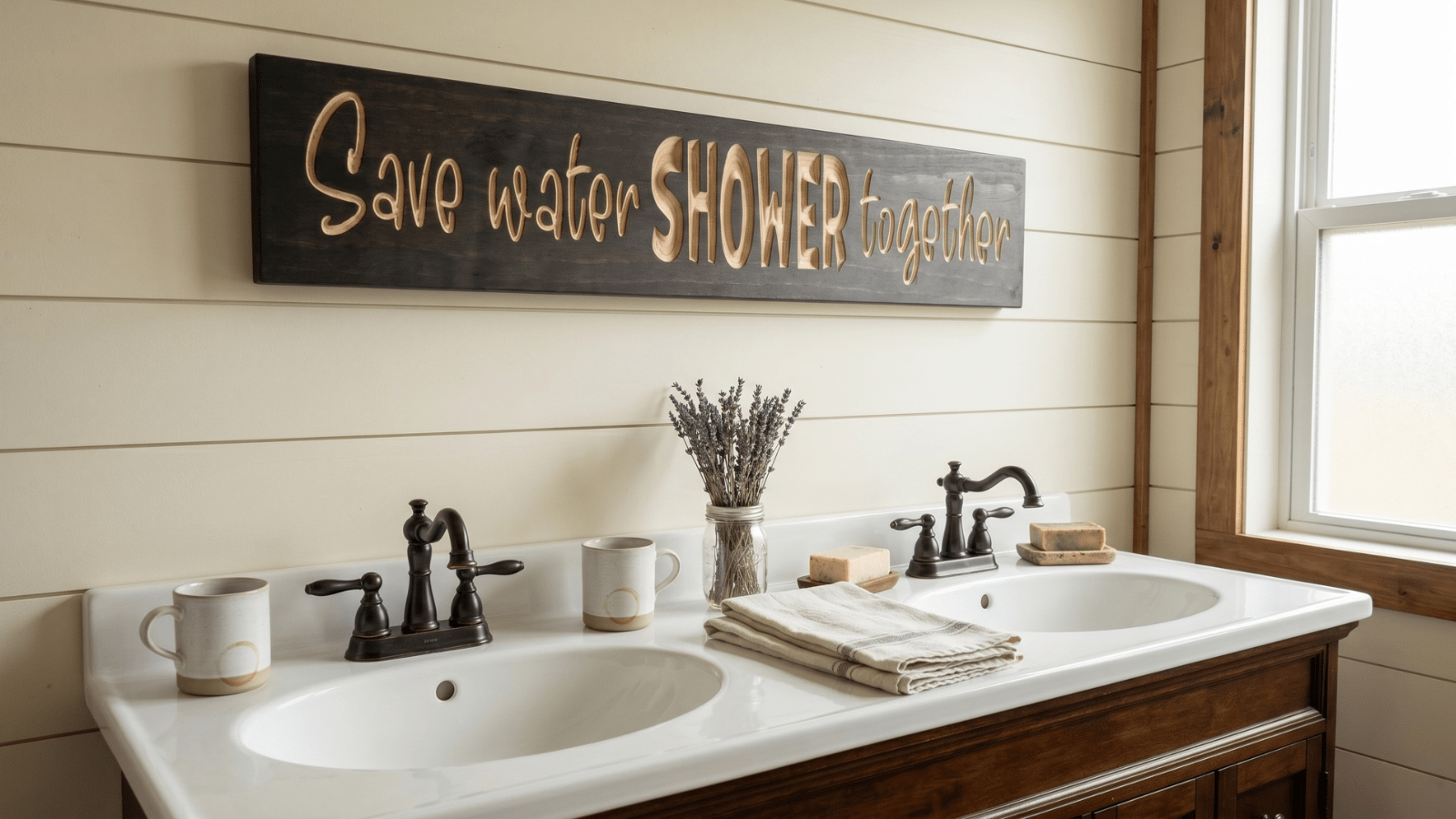 Funny Save Water Shower Together wooden sign hanging above a double vanity in a cream shiplap farmhouse master bathroom with clawfoot tub, dried lavender in a mason jar, and warm morning light