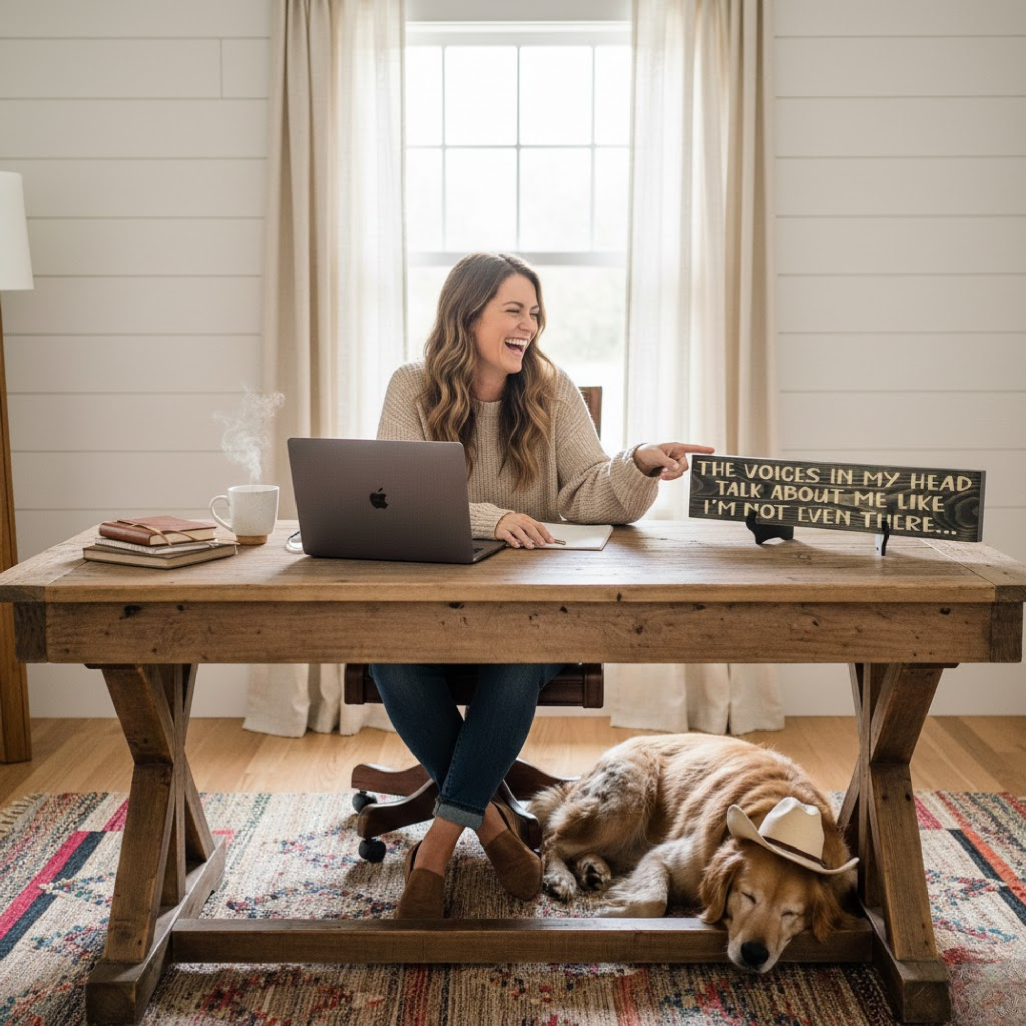 A cheerful woman laughing at her desk with a golden retriever sleeping nearby, featuring a hand-carved dark wood sign that reads 'The Voices In My Head Talk About Me Like I’m Not Even There