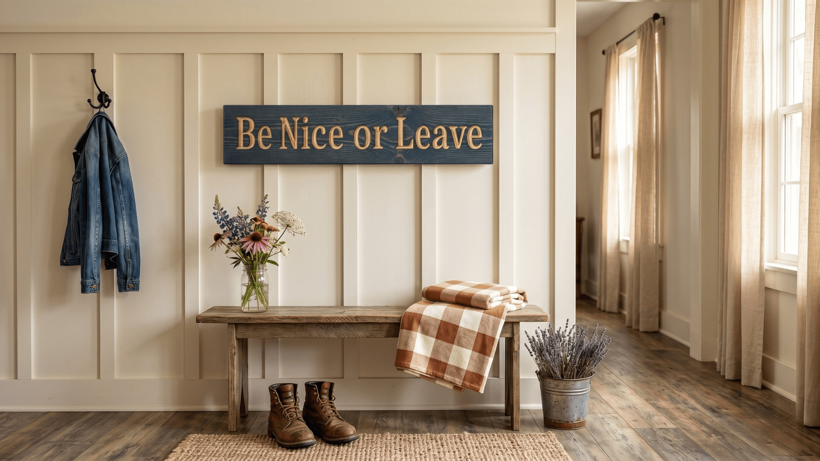 Funny Be Nice or Leave wooden sign hanging on a cream board-and-batten entryway wall above a rustic wooden bench with leather boots, a buffalo-check blanket, and a mason jar of wildflowers