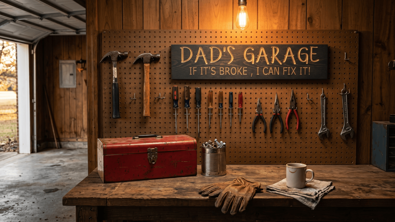 Rustic wooden garage sign reading DAD'S GARAGE IF IT'S BROKE I CAN FIX IT mounted on a pegboard wall above a wooden workbench with tools, a red toolbox, leather work gloves, and a ceramic coffee mug in a warm Southern working garage