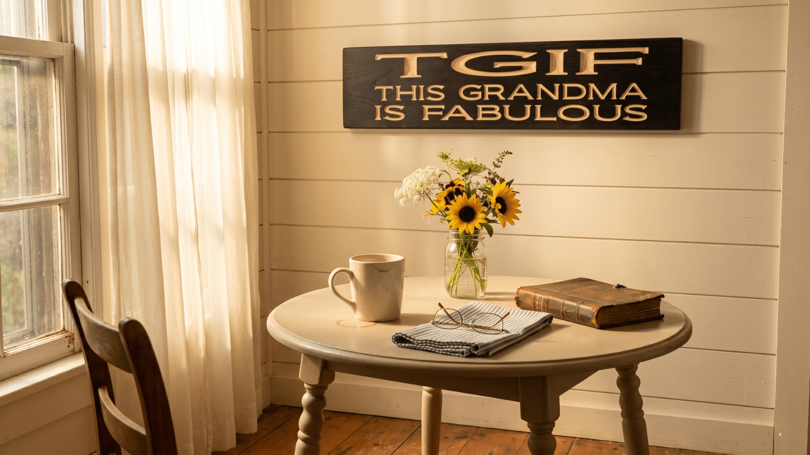 Wooden wall sign reading TGIF This Grandma Is Fabulous mounted on cream shiplap above a farmhouse breakfast nook table with wildflowers in a mason jar, a ceramic coffee mug, and reading glasses in warm morning light
