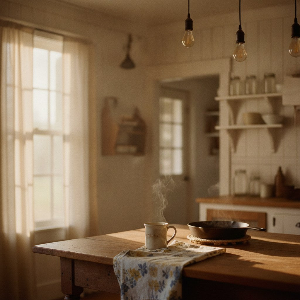 A warm Southern farmhouse kitchen at golden hour with a worn wooden table, steaming coffee mug, and morning light streaming through sheer curtains — the kind of scene that inspired funny mother quotes for generations.