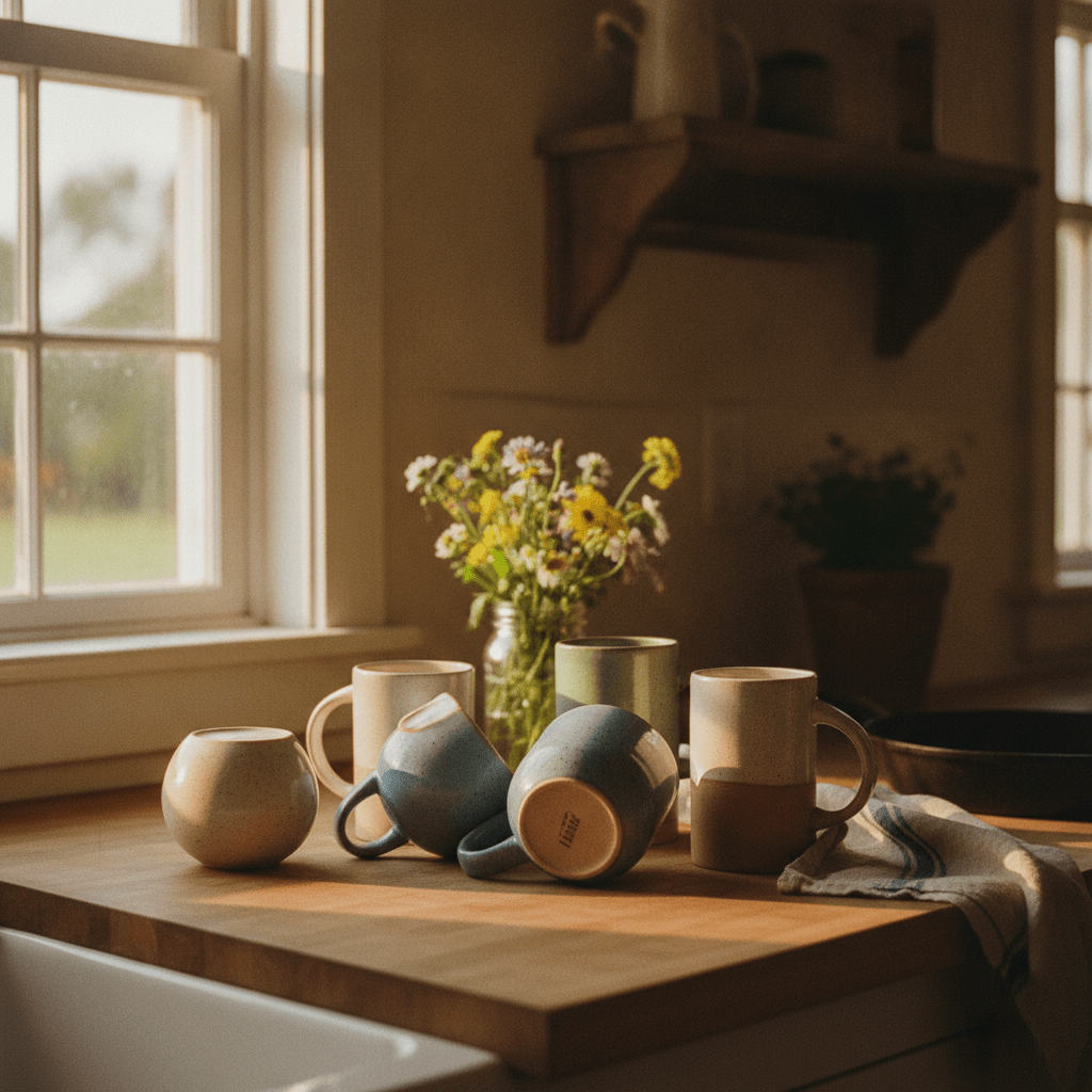 A cozy farmhouse kitchen counter at early morning with a collection of mismatched funny mugs arranged beside a cast iron skillet and wildflowers in a mason jar.