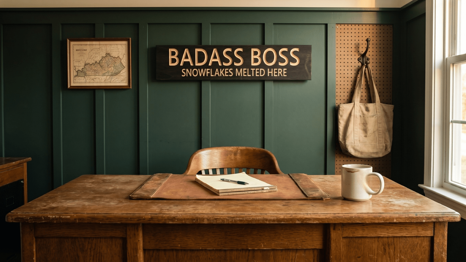 Rustic Southern home office with a worn oak desk, leather pad, and ceramic coffee mug in the foreground, and a wood sign reading BADASS BOSS SNOWFLAKES MELTED HERE mounted on a deep green board-and-batten wall behind it